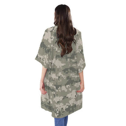 Beige Digital Camo Pattern Print Open Front Beach Cover Up