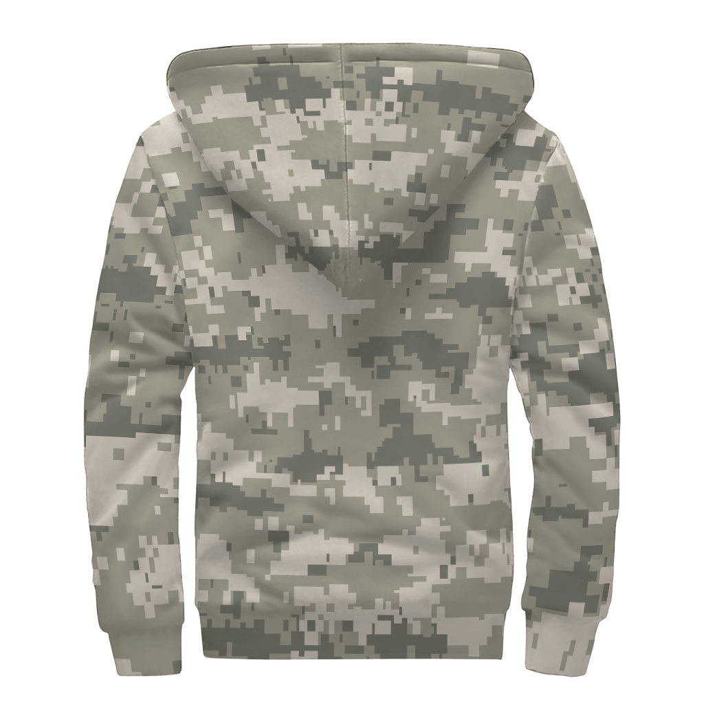 Beige Digital Camo Pattern Print Sherpa Lined Zip Up Hoodie