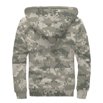 Beige Digital Camo Pattern Print Sherpa Lined Zip Up Hoodie