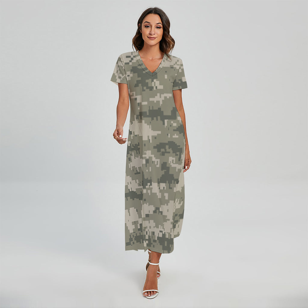 Beige Digital Camo Pattern Print Short Sleeve Maxi Dress