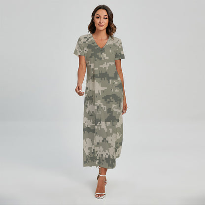 Beige Digital Camo Pattern Print Short Sleeve Maxi Dress