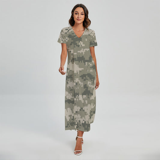 Beige Digital Camo Pattern Print Short Sleeve Maxi Dress