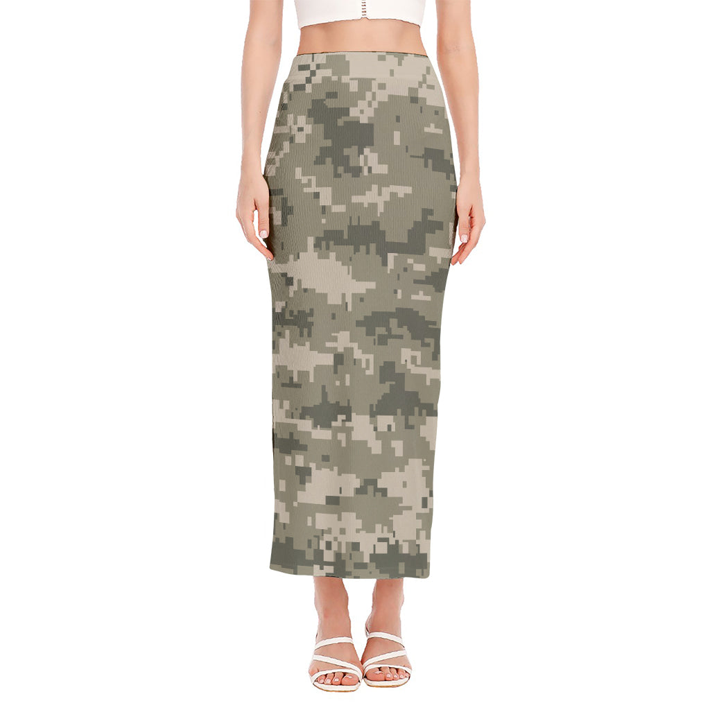Beige Digital Camo Pattern Print Side Slit Maxi Skirt