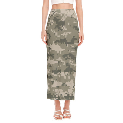 Beige Digital Camo Pattern Print Side Slit Maxi Skirt