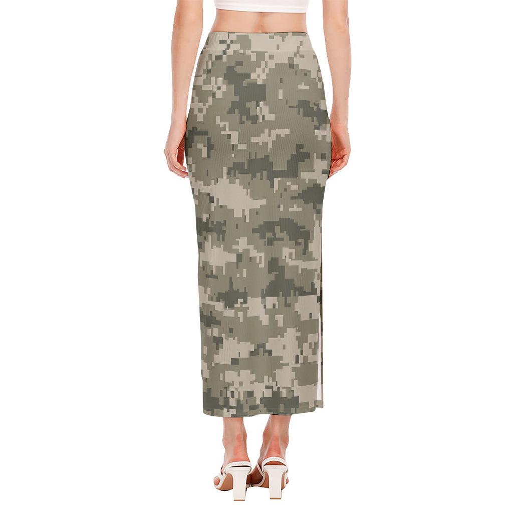 Beige Digital Camo Pattern Print Side Slit Maxi Skirt
