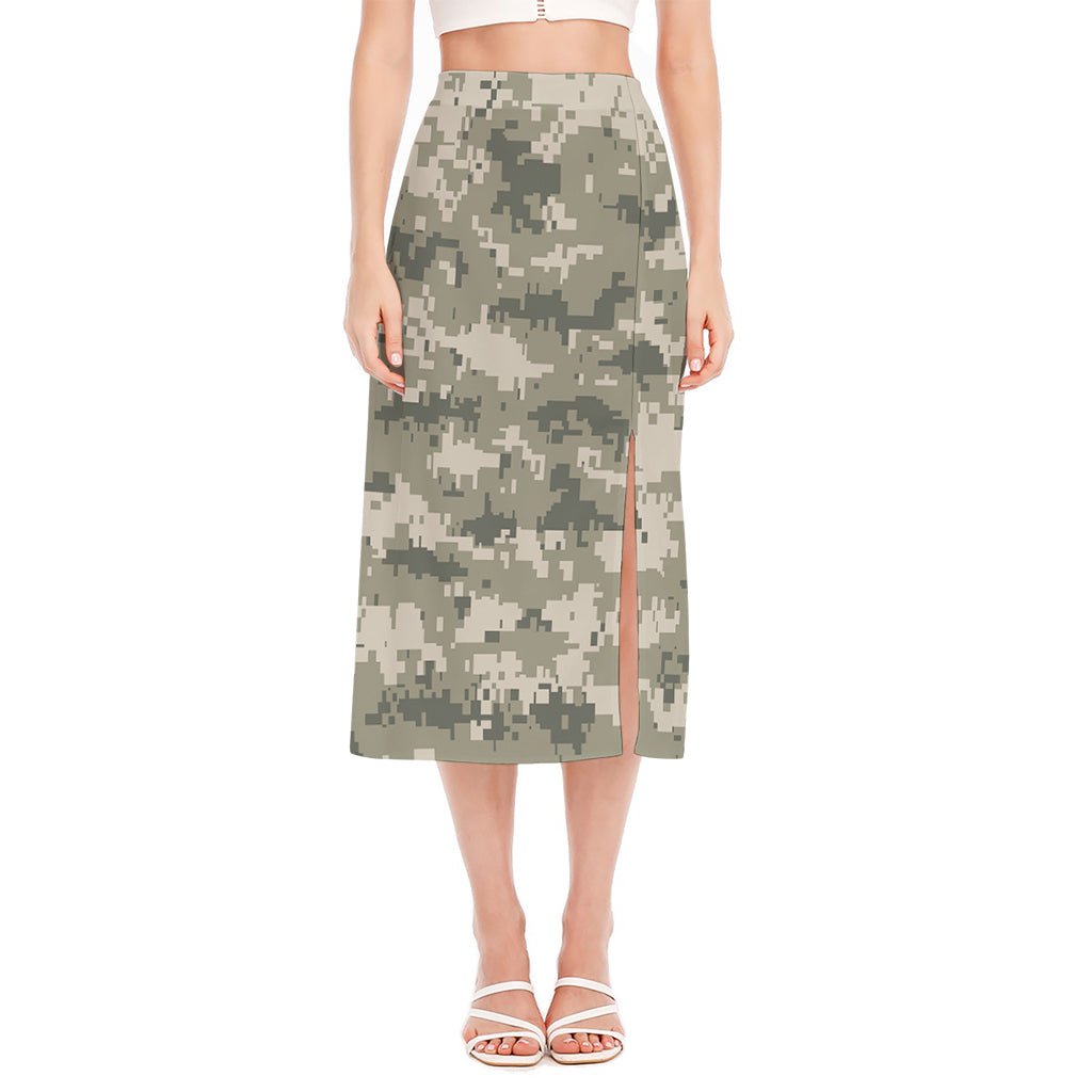 Beige Digital Camo Pattern Print Side Slit Midi Skirt