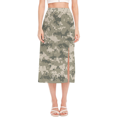 Beige Digital Camo Pattern Print Side Slit Midi Skirt