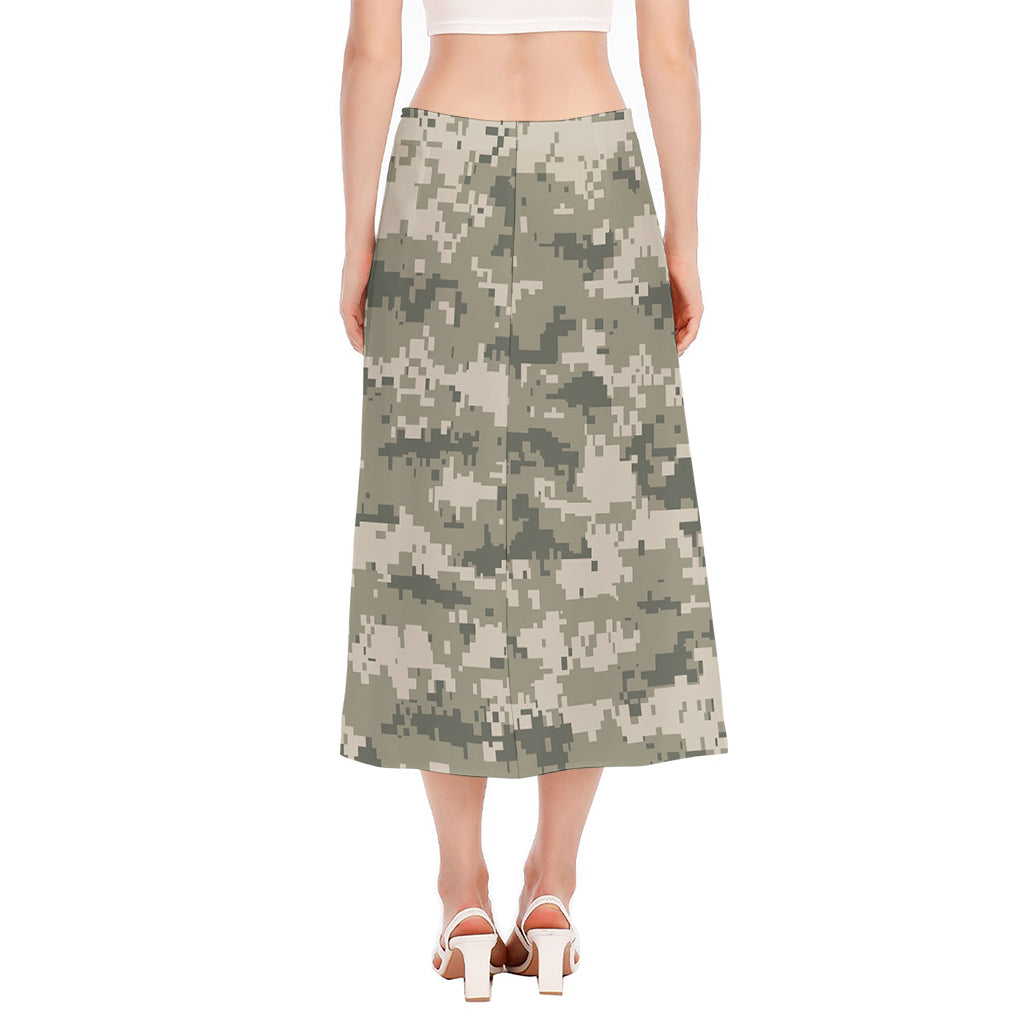 Beige Digital Camo Pattern Print Side Slit Midi Skirt