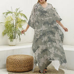 Beige Digital Camo Pattern Print Silk V-Neck Kaftan Dress