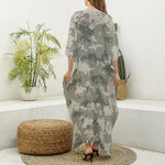 Beige Digital Camo Pattern Print Silk V-Neck Kaftan Dress