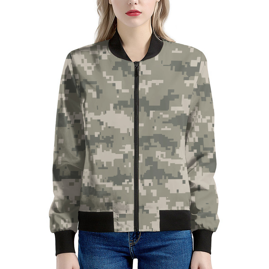 Beige Digital Camo Pattern Print Women's Bomber Jacket