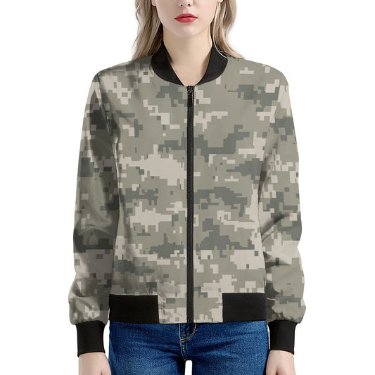 Beige Digital Camo Pattern Print Women's Bomber Jacket