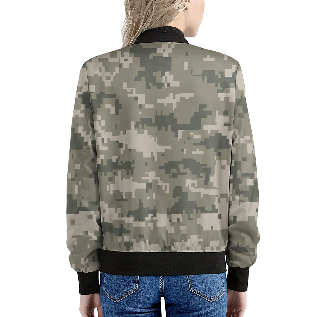 Beige Digital Camo Pattern Print Women's Bomber Jacket