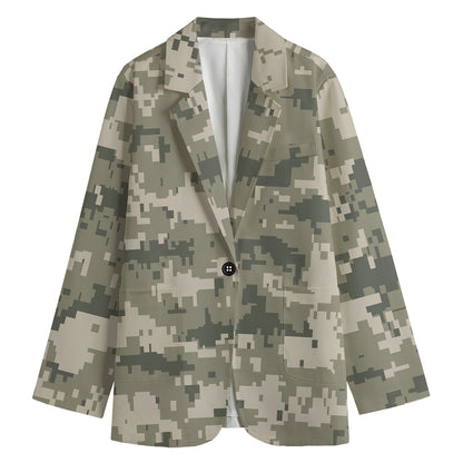 Beige Digital Camo Pattern Print Women's Cotton Blazer