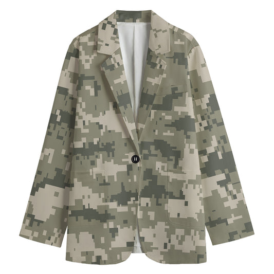 Beige Digital Camo Pattern Print Women's Cotton Blazer