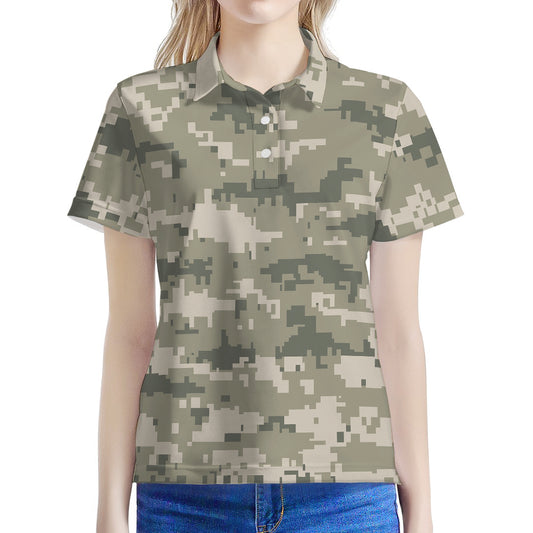 Beige Digital Camo Pattern Print Women's Polo Shirt