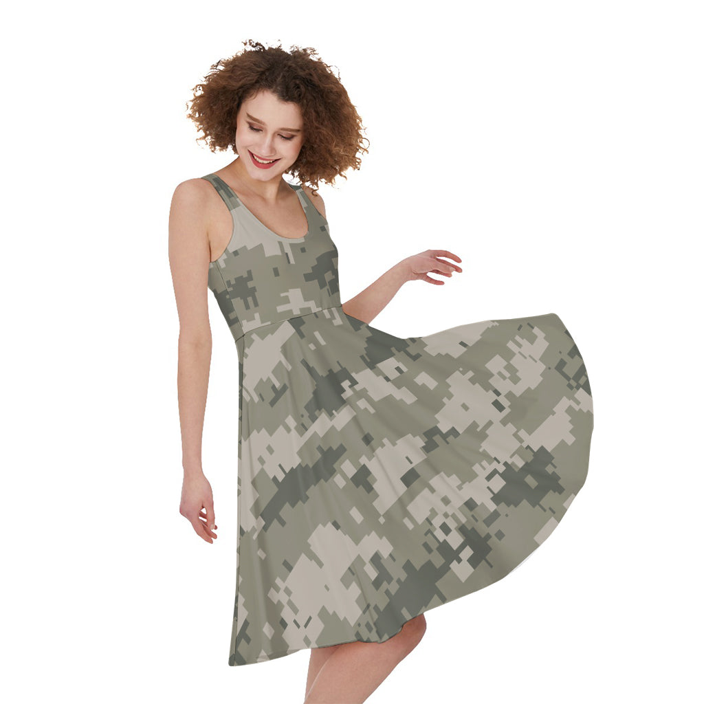 Beige Digital Camo Pattern Print Women's Sleeveless Dress