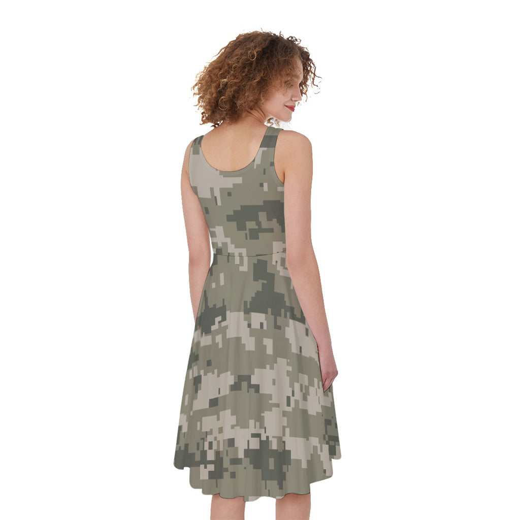 Beige Digital Camo Pattern Print Women's Sleeveless Dress