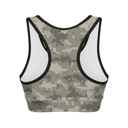 Beige Digital Camo Pattern Print Women's Sports Bra