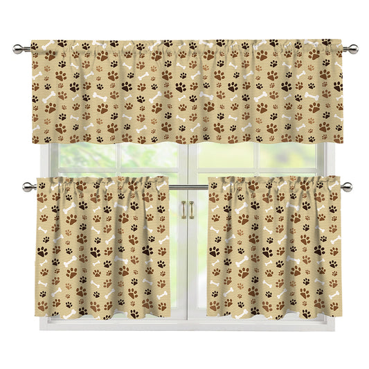 Beige Paw And Bone Pattern Print 3 Piece Kitchen Curtains