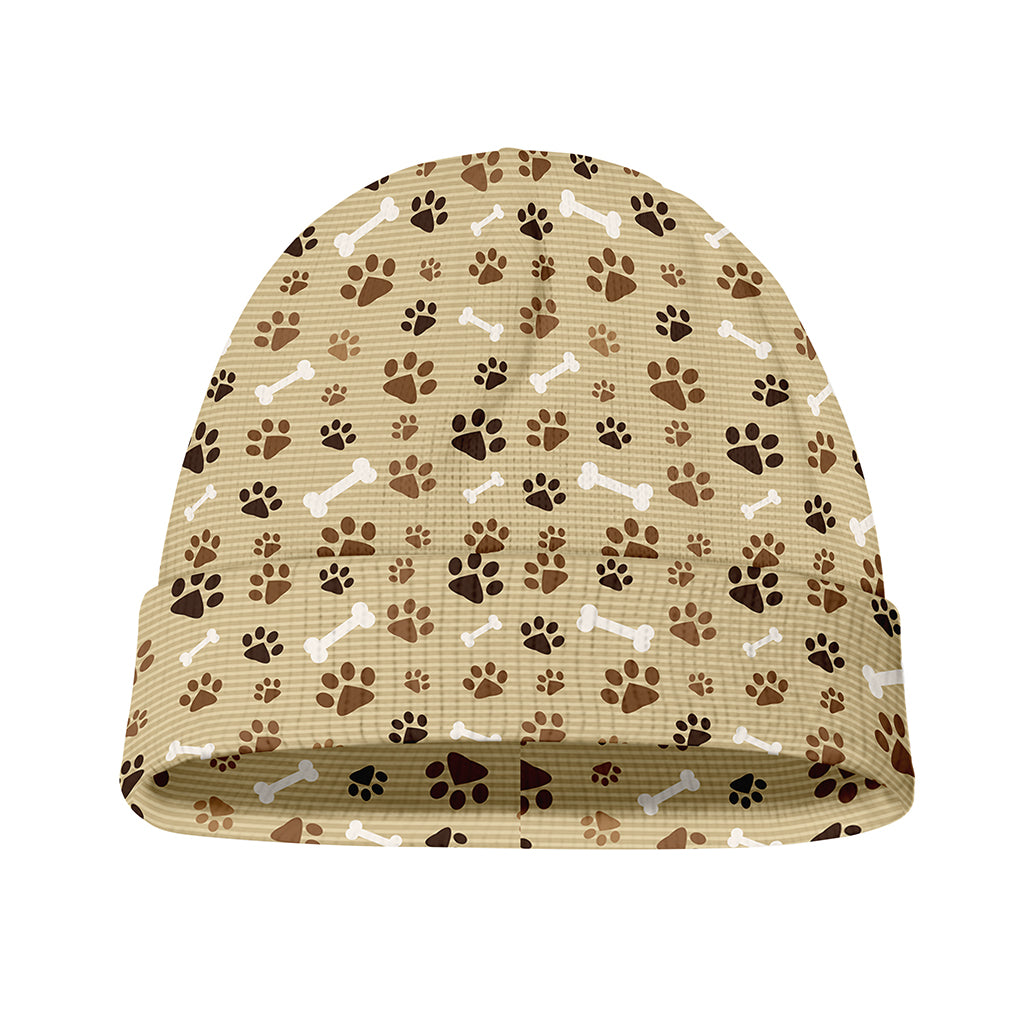 Beige Paw And Bone Pattern Print Beanie