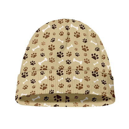 Beige Paw And Bone Pattern Print Beanie