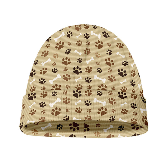 Beige Paw And Bone Pattern Print Beanie
