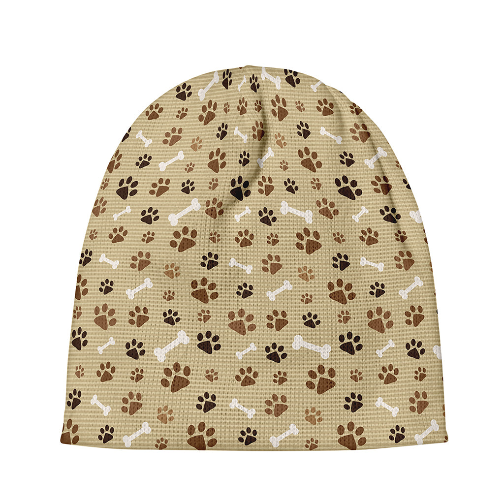 Beige Paw And Bone Pattern Print Beanie