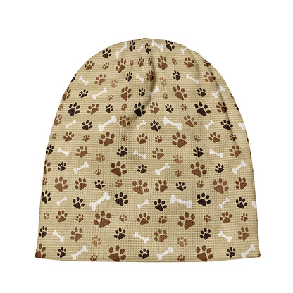 Beige Paw And Bone Pattern Print Beanie
