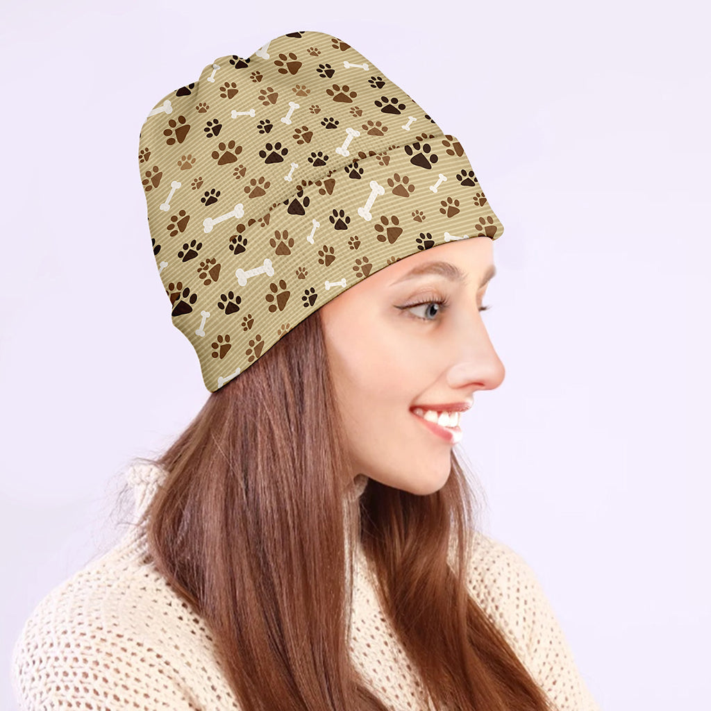 Beige Paw And Bone Pattern Print Beanie