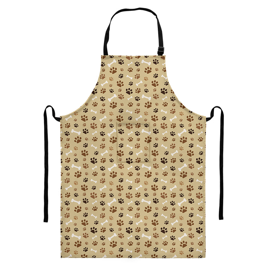 Beige Paw And Bone Pattern Print Bib Apron With Pocket