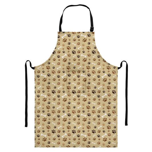 Beige Paw And Bone Pattern Print Bib Apron With Pocket