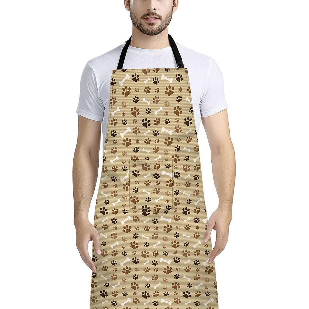 Beige Paw And Bone Pattern Print Bib Apron With Pocket