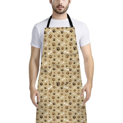 Beige Paw And Bone Pattern Print Bib Apron With Pocket