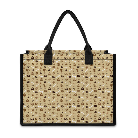 Beige Paw And Bone Pattern Print Canvas Tote Bag