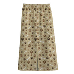 Beige Paw And Bone Pattern Print Cotton Front Slit Maxi Skirt