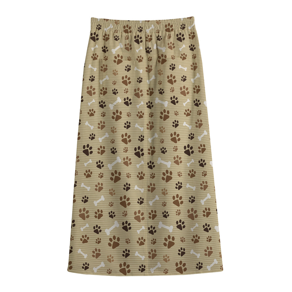 Beige Paw And Bone Pattern Print Cotton Front Slit Maxi Skirt