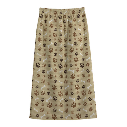 Beige Paw And Bone Pattern Print Cotton Front Slit Maxi Skirt