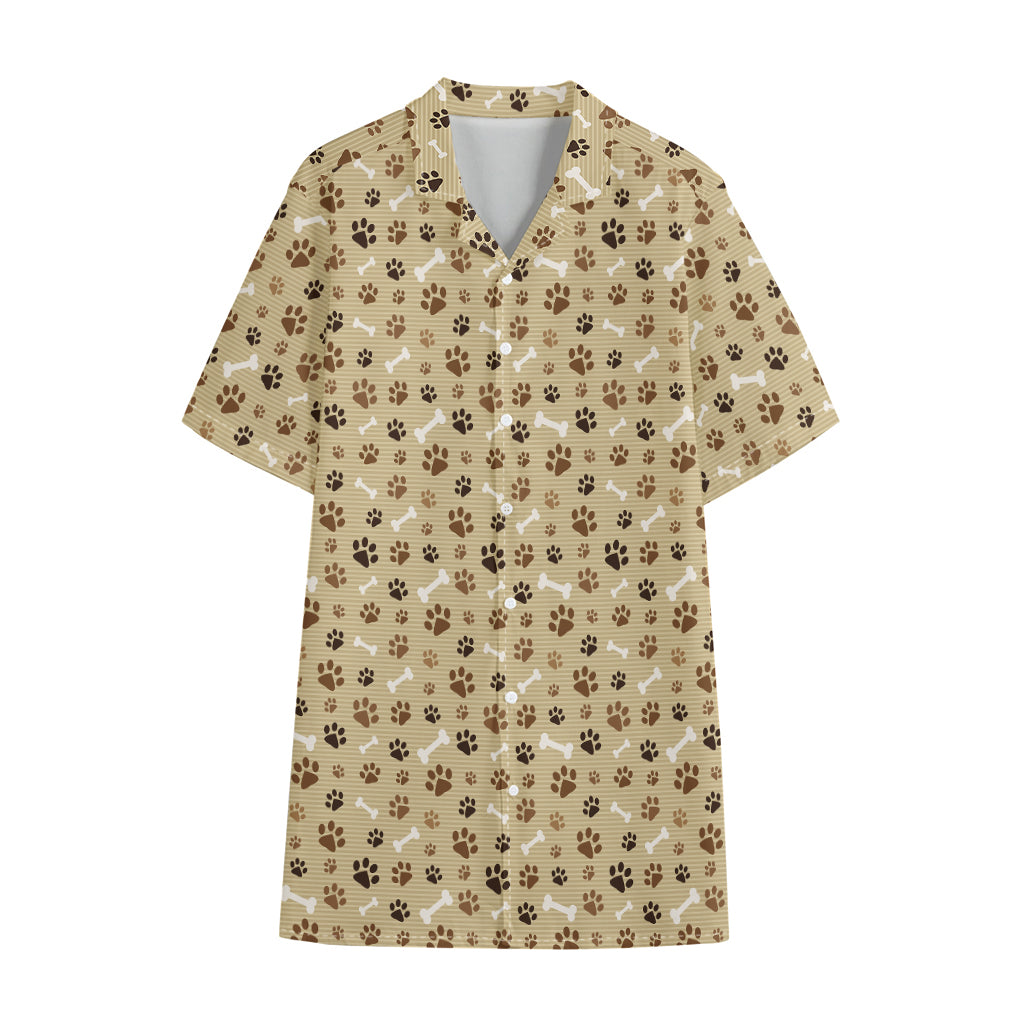 Beige Paw And Bone Pattern Print Cotton Hawaiian Shirt