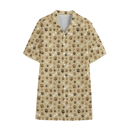 Beige Paw And Bone Pattern Print Cotton Hawaiian Shirt