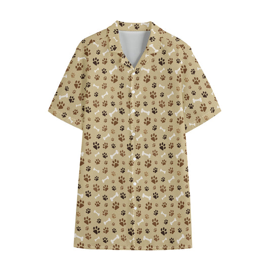 Beige Paw And Bone Pattern Print Cotton Hawaiian Shirt