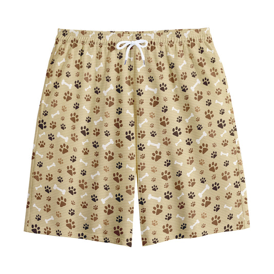Beige Paw And Bone Pattern Print Cotton Shorts