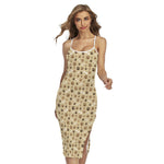 Beige Paw And Bone Pattern Print Cross Back Cami Dress