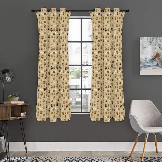 Beige Paw And Bone Pattern Print Curtain