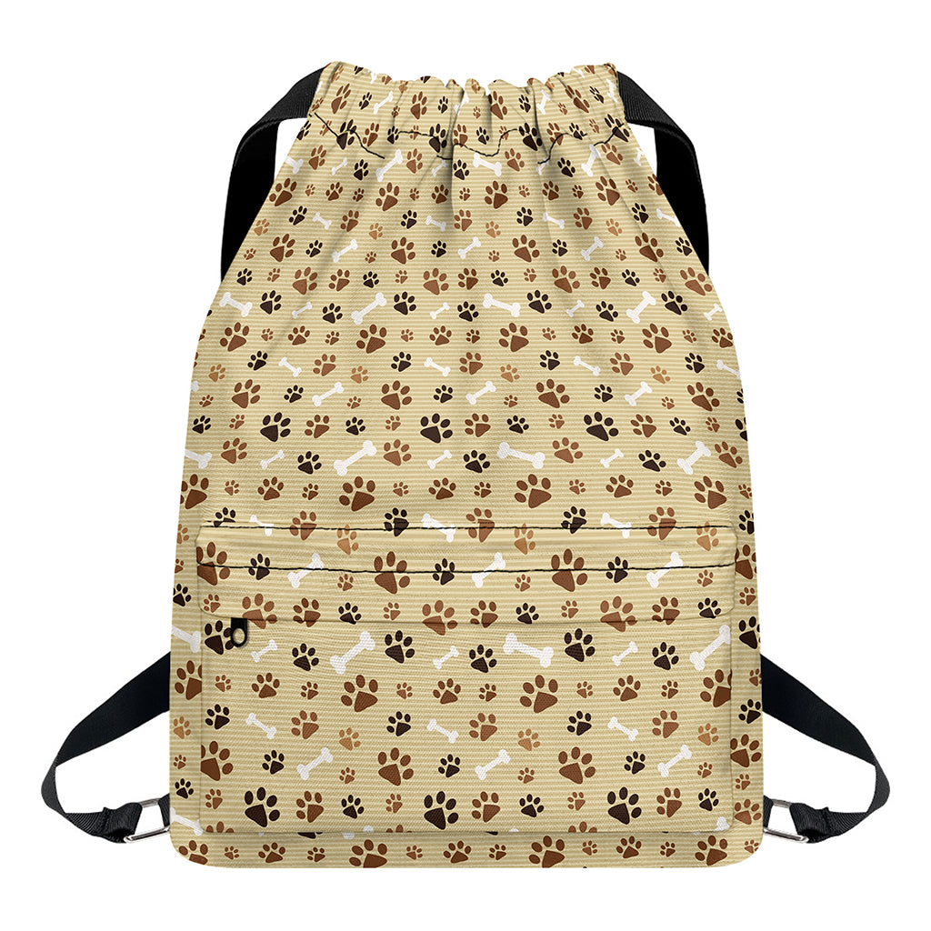 Beige Paw And Bone Pattern Print Drawstring Backpack