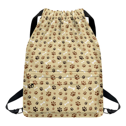 Beige Paw And Bone Pattern Print Drawstring Backpack