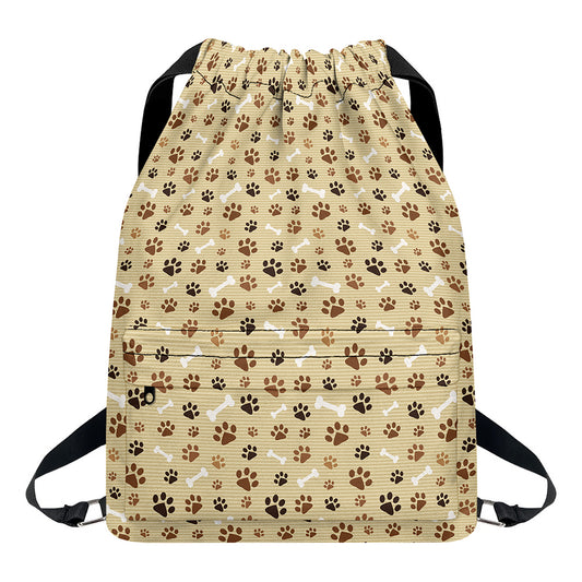 Beige Paw And Bone Pattern Print Drawstring Backpack