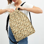 Beige Paw And Bone Pattern Print Drawstring Backpack