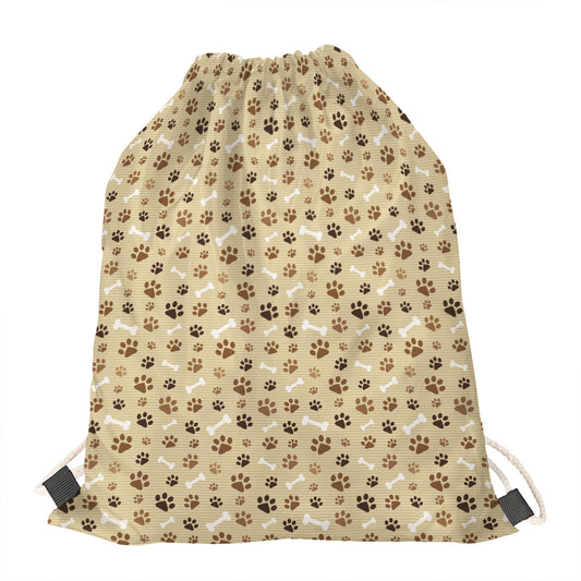 Beige Paw And Bone Pattern Print Drawstring Bag