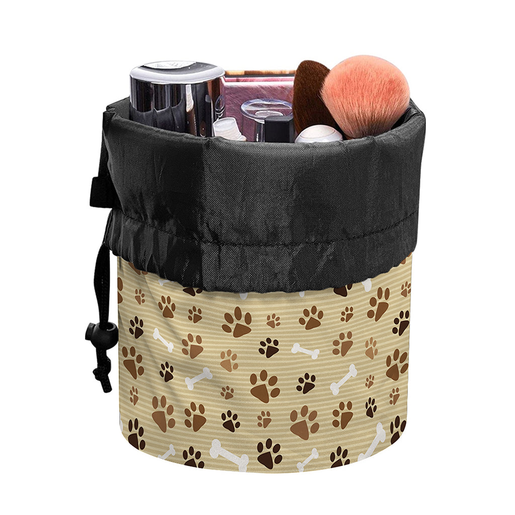 Beige Paw And Bone Pattern Print Drawstring Makeup Bag